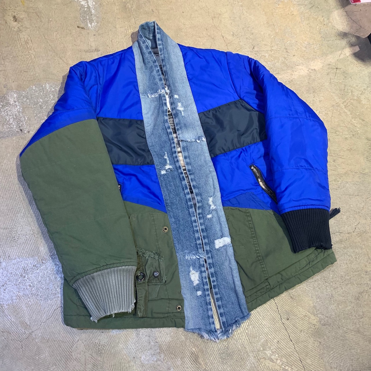 GREG LAUREN 19AW 50/50 BLUE NYLON/ARMY PUFFY KIMONO